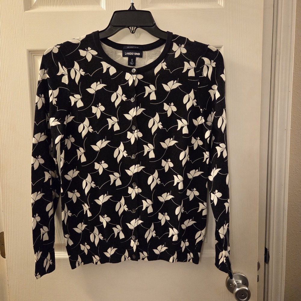 Land's End sz S blk/wht floral cardigan 100% supima cotton casual‎ lightweight